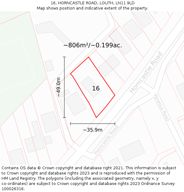 16, HORNCASTLE ROAD, LOUTH, LN11 9LD: Plot and title map