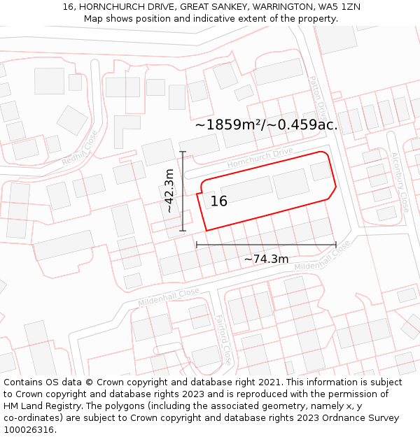 16, HORNCHURCH DRIVE, GREAT SANKEY, WARRINGTON, WA5 1ZN: Plot and title map