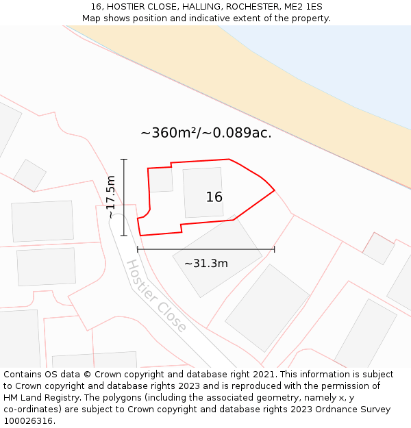 16, HOSTIER CLOSE, HALLING, ROCHESTER, ME2 1ES: Plot and title map
