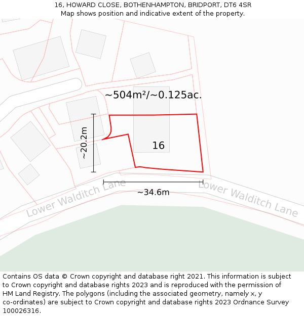 16, HOWARD CLOSE, BOTHENHAMPTON, BRIDPORT, DT6 4SR: Plot and title map