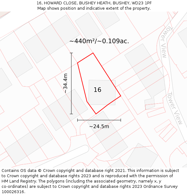 16, HOWARD CLOSE, BUSHEY HEATH, BUSHEY, WD23 1PF: Plot and title map