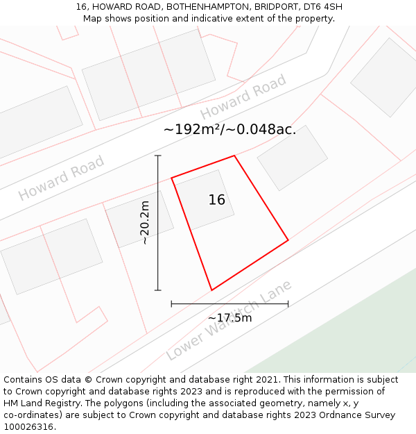 16, HOWARD ROAD, BOTHENHAMPTON, BRIDPORT, DT6 4SH: Plot and title map