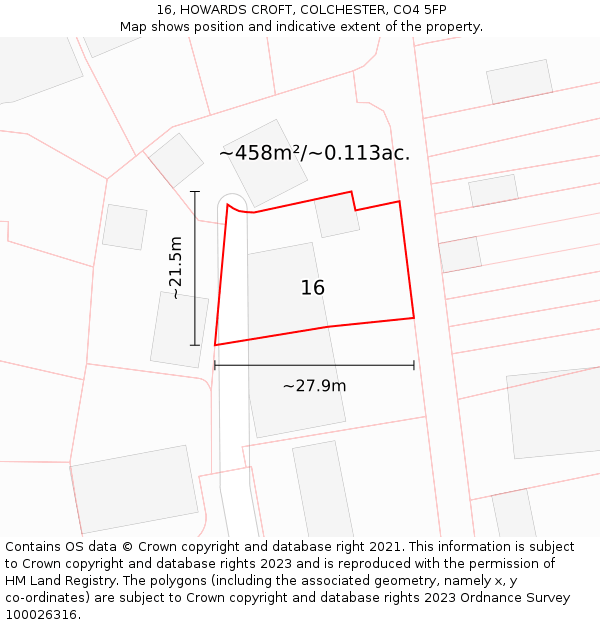 16, HOWARDS CROFT, COLCHESTER, CO4 5FP: Plot and title map