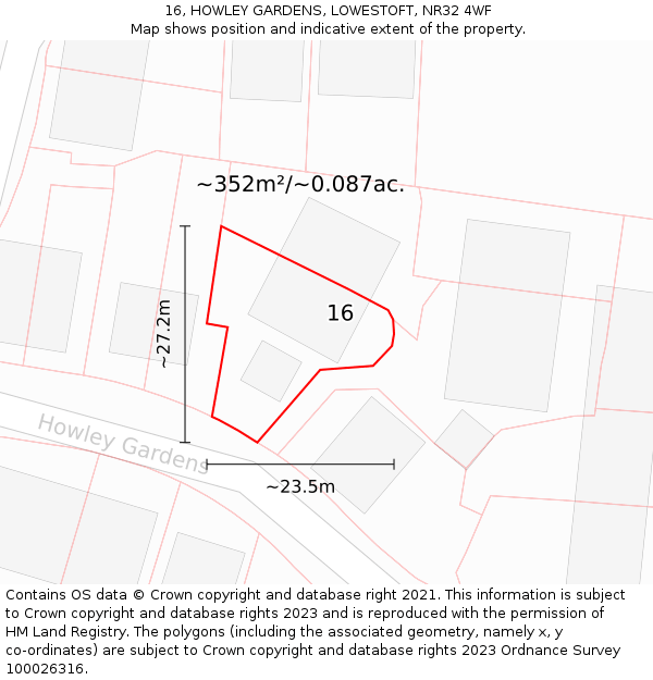16, HOWLEY GARDENS, LOWESTOFT, NR32 4WF: Plot and title map