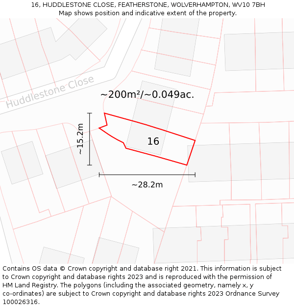 16, HUDDLESTONE CLOSE, FEATHERSTONE, WOLVERHAMPTON, WV10 7BH: Plot and title map