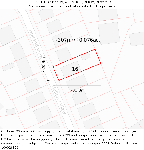 16, HULLAND VIEW, ALLESTREE, DERBY, DE22 2RD: Plot and title map