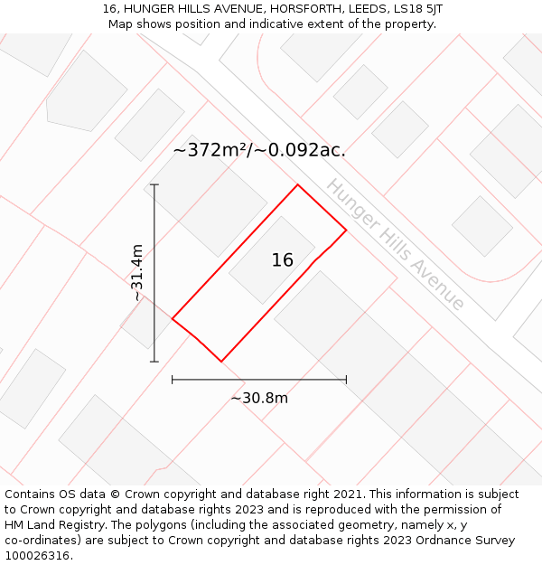 16, HUNGER HILLS AVENUE, HORSFORTH, LEEDS, LS18 5JT: Plot and title map
