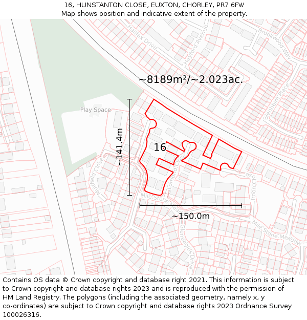 16, HUNSTANTON CLOSE, EUXTON, CHORLEY, PR7 6FW: Plot and title map