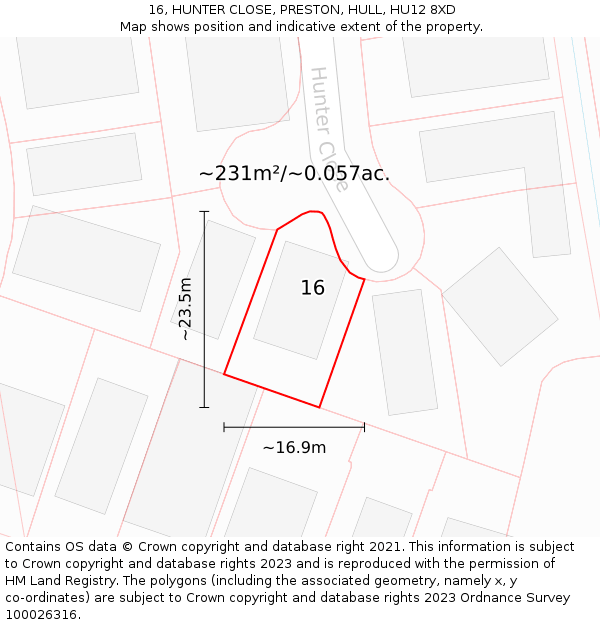16, HUNTER CLOSE, PRESTON, HULL, HU12 8XD: Plot and title map