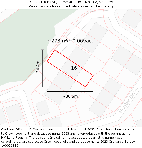 16, HUNTER DRIVE, HUCKNALL, NOTTINGHAM, NG15 6WL: Plot and title map