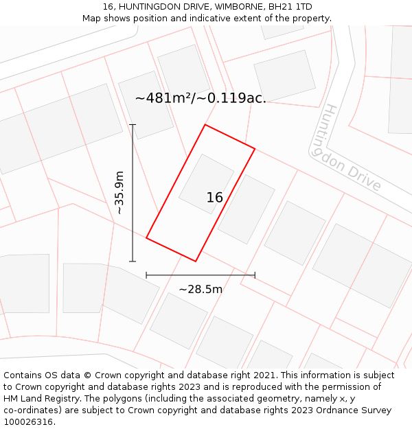 16, HUNTINGDON DRIVE, WIMBORNE, BH21 1TD: Plot and title map