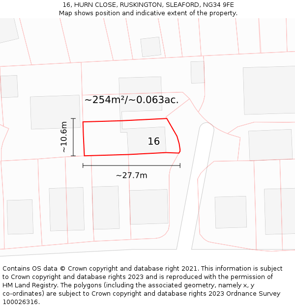 16, HURN CLOSE, RUSKINGTON, SLEAFORD, NG34 9FE: Plot and title map