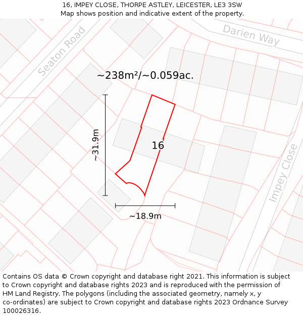 16, IMPEY CLOSE, THORPE ASTLEY, LEICESTER, LE3 3SW: Plot and title map