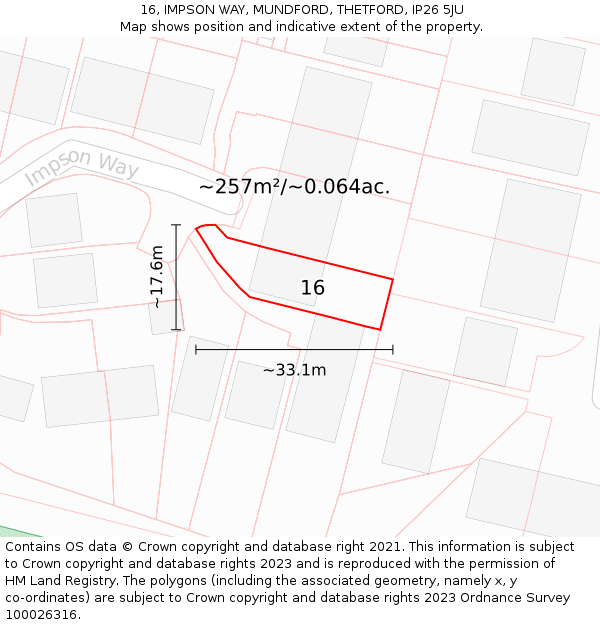 16, IMPSON WAY, MUNDFORD, THETFORD, IP26 5JU: Plot and title map
