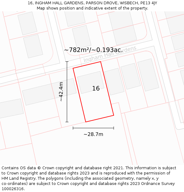 16, INGHAM HALL GARDENS, PARSON DROVE, WISBECH, PE13 4JY: Plot and title map