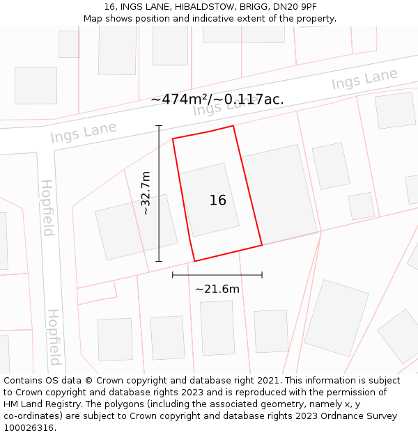 16, INGS LANE, HIBALDSTOW, BRIGG, DN20 9PF: Plot and title map