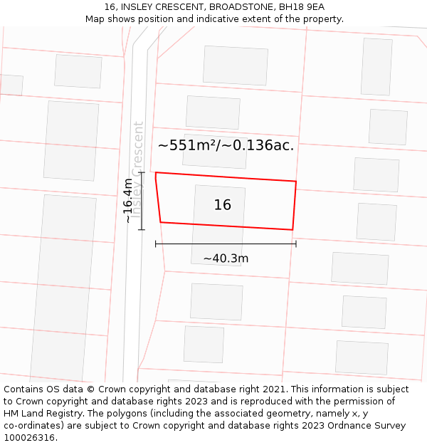 16, INSLEY CRESCENT, BROADSTONE, BH18 9EA: Plot and title map