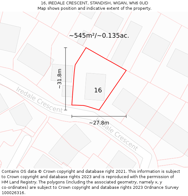 16, IREDALE CRESCENT, STANDISH, WIGAN, WN6 0UD: Plot and title map