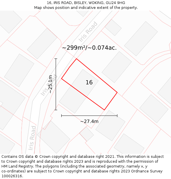 16, IRIS ROAD, BISLEY, WOKING, GU24 9HG: Plot and title map