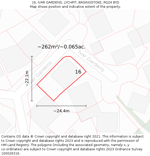16, IVAR GARDENS, LYCHPIT, BASINGSTOKE, RG24 8YD: Plot and title map