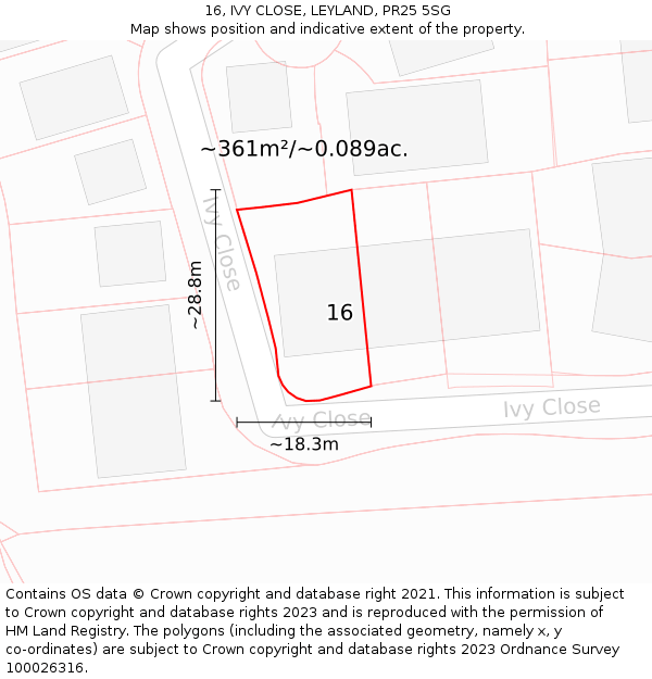 16, IVY CLOSE, LEYLAND, PR25 5SG: Plot and title map
