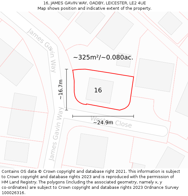 16, JAMES GAVIN WAY, OADBY, LEICESTER, LE2 4UE: Plot and title map