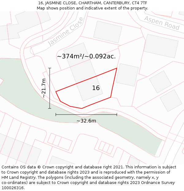 16, JASMINE CLOSE, CHARTHAM, CANTERBURY, CT4 7TF: Plot and title map
