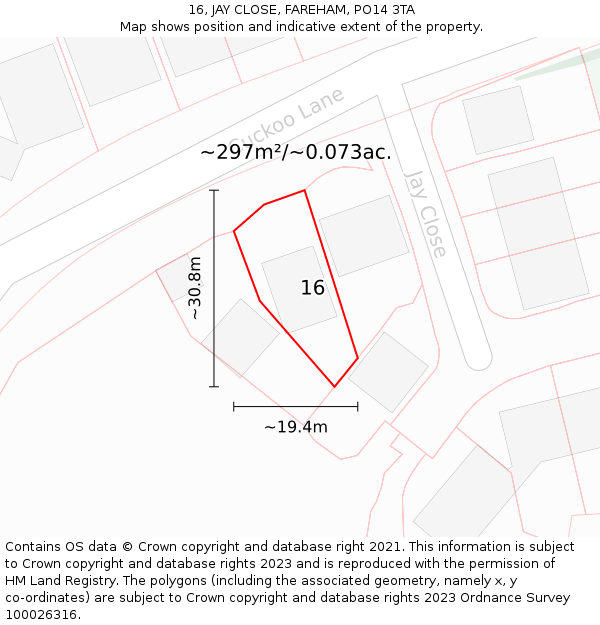 16, JAY CLOSE, FAREHAM, PO14 3TA: Plot and title map