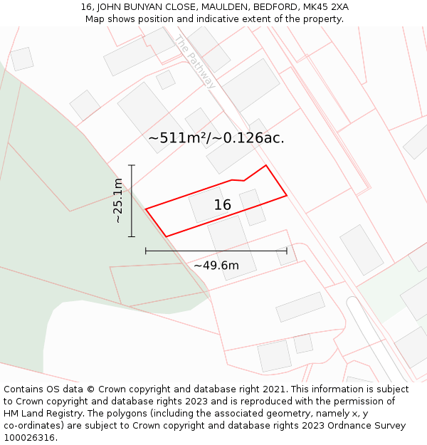 16, JOHN BUNYAN CLOSE, MAULDEN, BEDFORD, MK45 2XA: Plot and title map