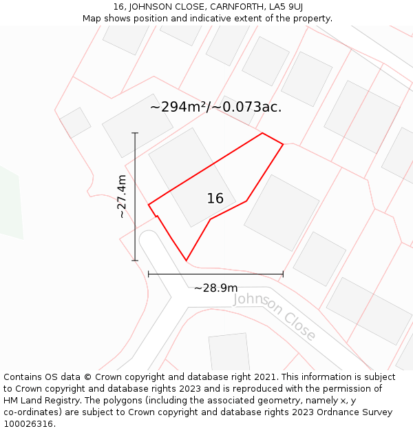 16, JOHNSON CLOSE, CARNFORTH, LA5 9UJ: Plot and title map