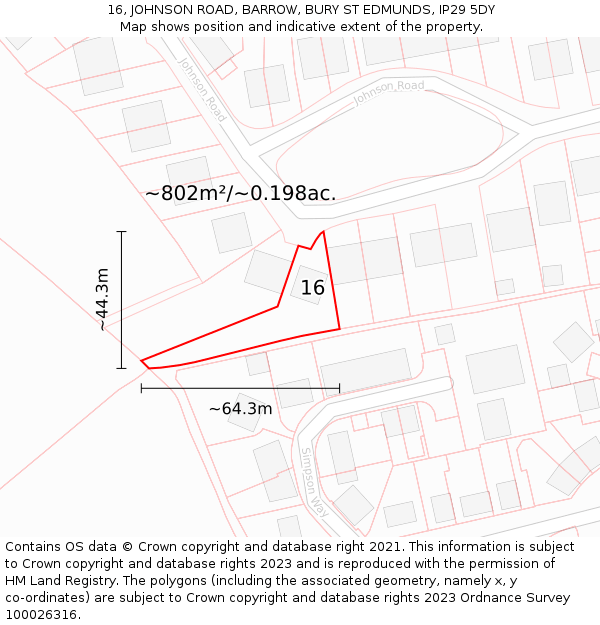 16, JOHNSON ROAD, BARROW, BURY ST EDMUNDS, IP29 5DY: Plot and title map