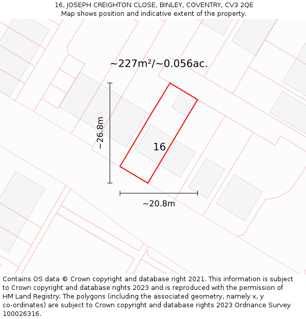 16, JOSEPH CREIGHTON CLOSE, BINLEY, COVENTRY, CV3 2QE: Plot and title map