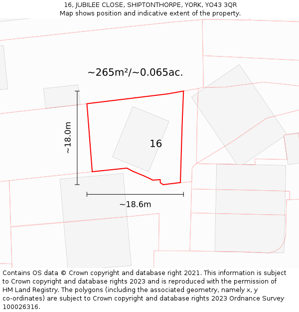 16, JUBILEE CLOSE, SHIPTONTHORPE, YORK, YO43 3QR: Plot and title map