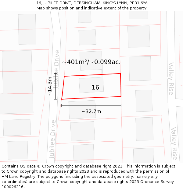 16, JUBILEE DRIVE, DERSINGHAM, KING'S LYNN, PE31 6YA: Plot and title map