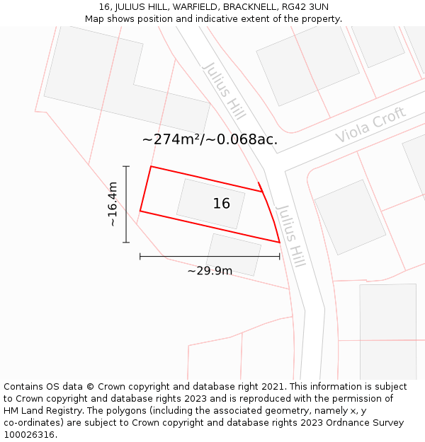 16, JULIUS HILL, WARFIELD, BRACKNELL, RG42 3UN: Plot and title map