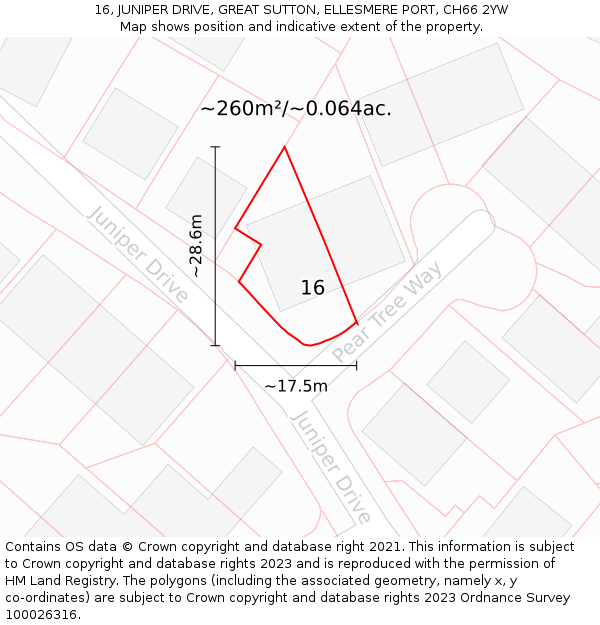 16, JUNIPER DRIVE, GREAT SUTTON, ELLESMERE PORT, CH66 2YW: Plot and title map