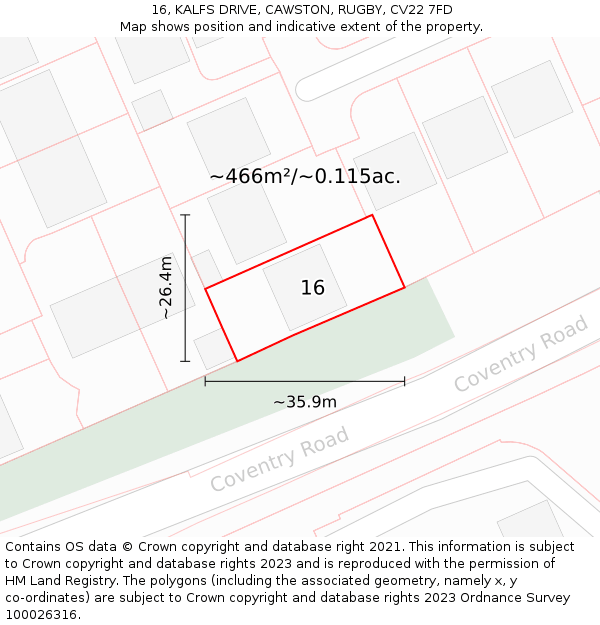 16, KALFS DRIVE, CAWSTON, RUGBY, CV22 7FD: Plot and title map