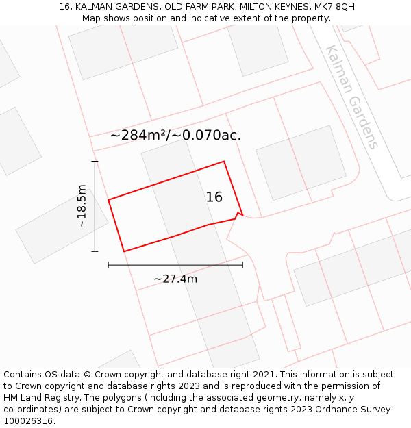 16, KALMAN GARDENS, OLD FARM PARK, MILTON KEYNES, MK7 8QH: Plot and title map