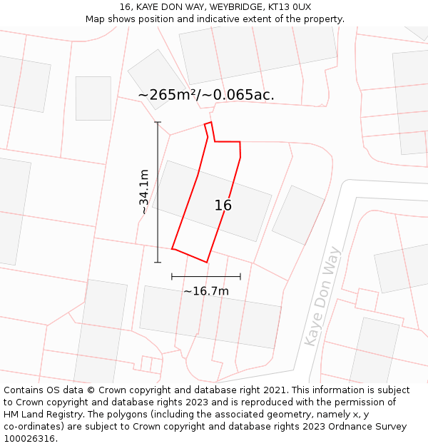16, KAYE DON WAY, WEYBRIDGE, KT13 0UX: Plot and title map