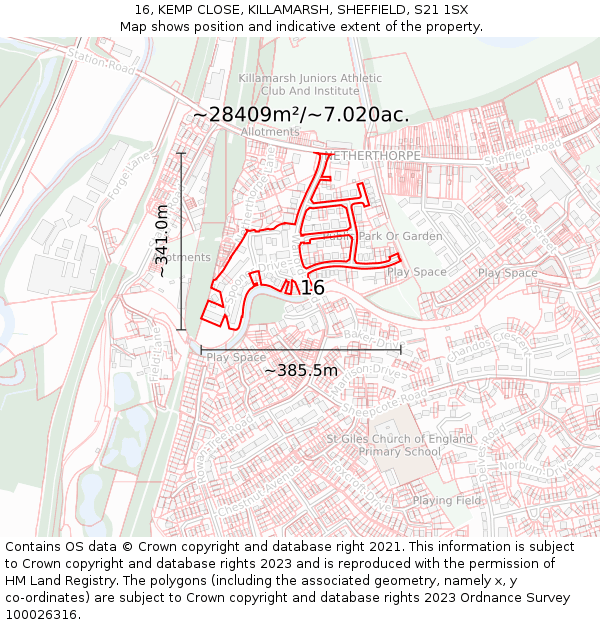 16, KEMP CLOSE, KILLAMARSH, SHEFFIELD, S21 1SX: Plot and title map