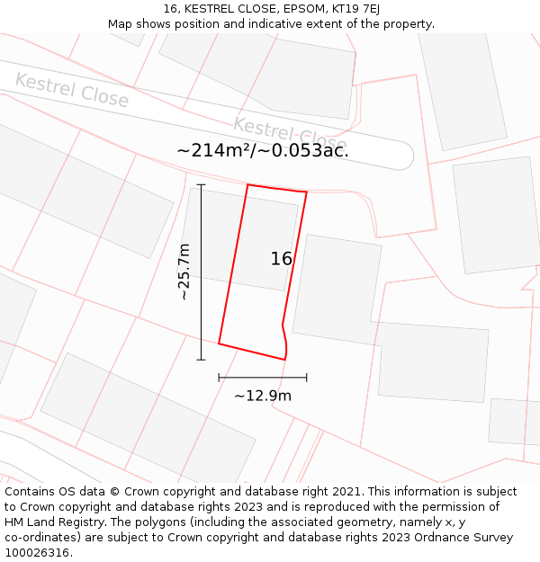 16, KESTREL CLOSE, EPSOM, KT19 7EJ: Plot and title map
