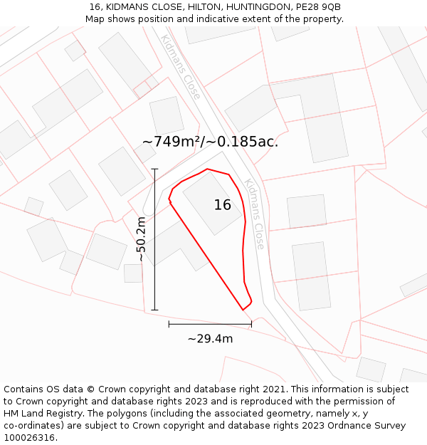 16, KIDMANS CLOSE, HILTON, HUNTINGDON, PE28 9QB: Plot and title map
