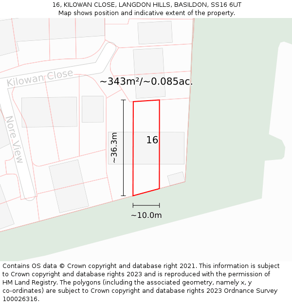 16, KILOWAN CLOSE, LANGDON HILLS, BASILDON, SS16 6UT: Plot and title map