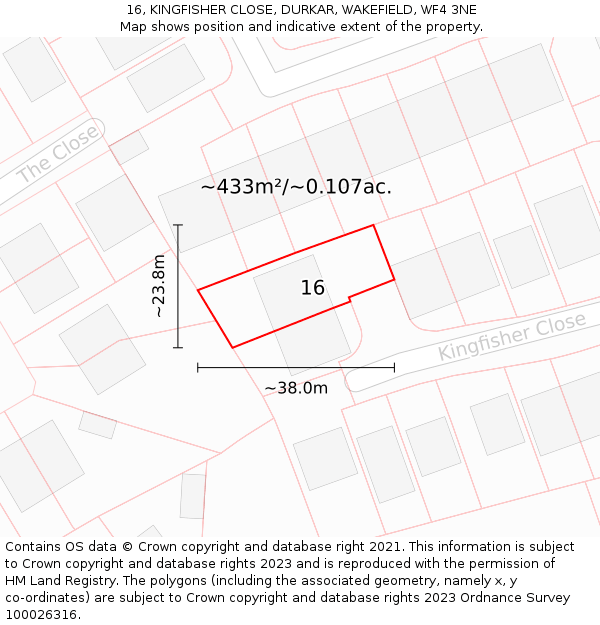 16, KINGFISHER CLOSE, DURKAR, WAKEFIELD, WF4 3NE: Plot and title map