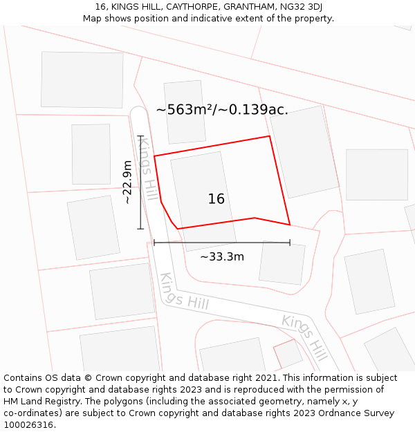 16, KINGS HILL, CAYTHORPE, GRANTHAM, NG32 3DJ: Plot and title map