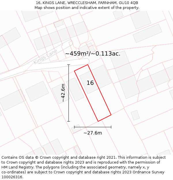 16, KINGS LANE, WRECCLESHAM, FARNHAM, GU10 4QB: Plot and title map