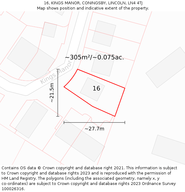 16, KINGS MANOR, CONINGSBY, LINCOLN, LN4 4TJ: Plot and title map
