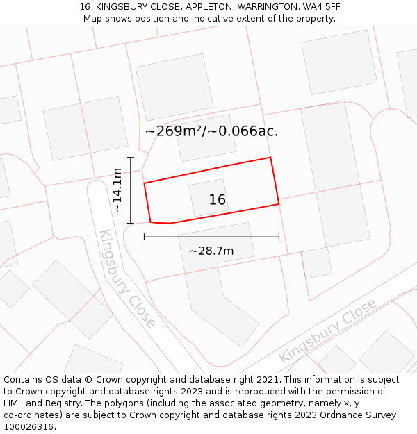 16, KINGSBURY CLOSE, APPLETON, WARRINGTON, WA4 5FF: Plot and title map
