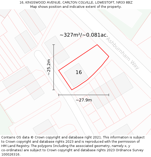 16, KINGSWOOD AVENUE, CARLTON COLVILLE, LOWESTOFT, NR33 8BZ: Plot and title map