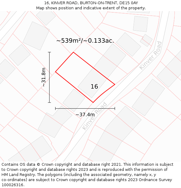 16, KINVER ROAD, BURTON-ON-TRENT, DE15 0AY: Plot and title map
